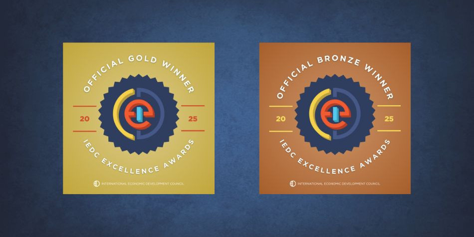 Bronze and Gold badges saying "Official Winner - IEDC Excellence Awards 2025" on blue background