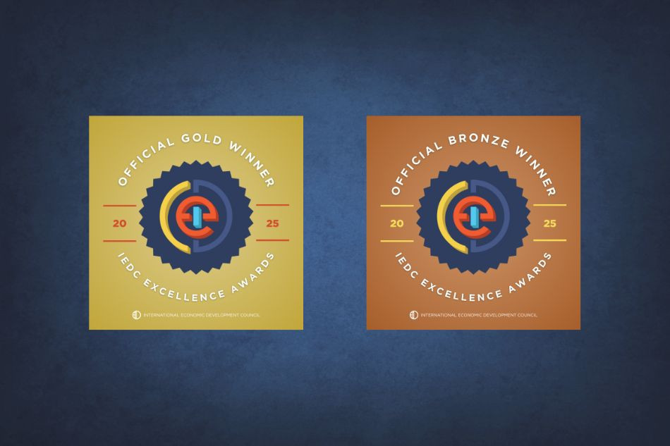 Bronze and Gold badges saying "Official Winner - IEDC Excellence Awards 2025" on blue background